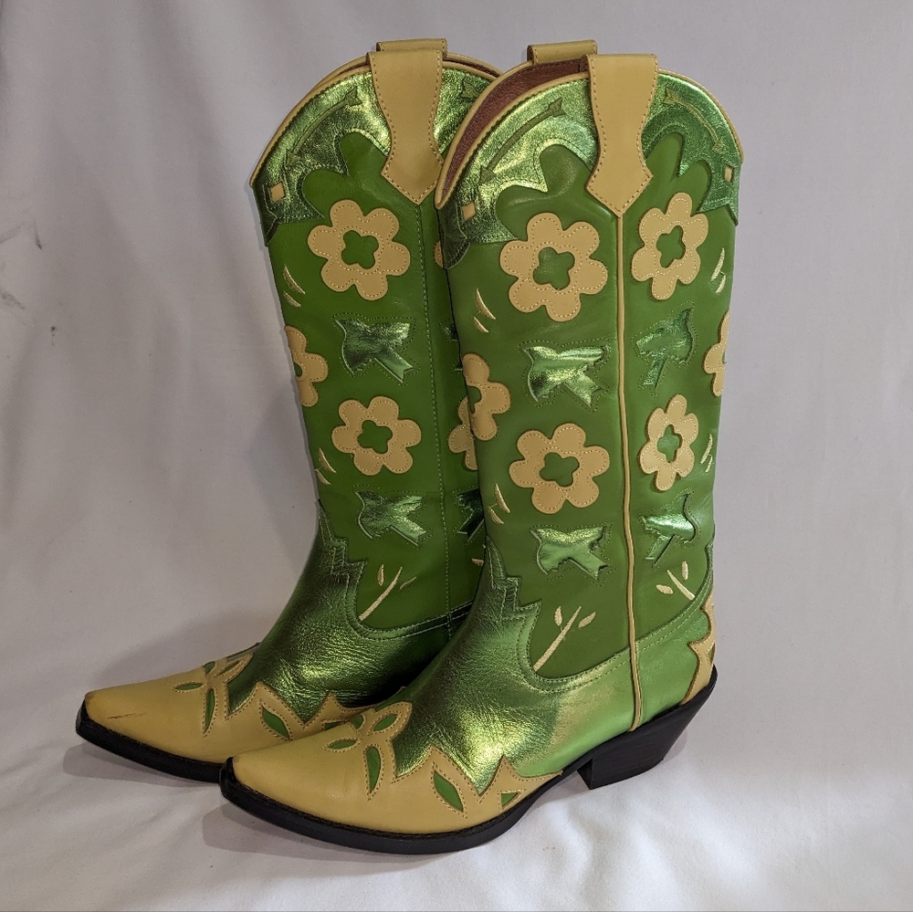 Looney-Hi Jeffrey Campbell Green Floral Western Boots Size 6